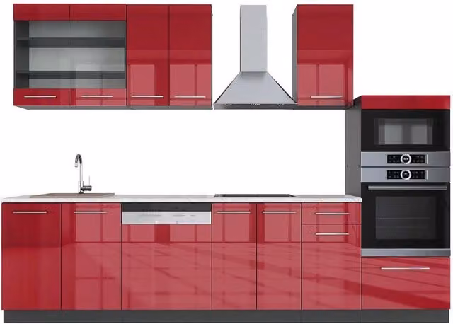 Cucina componibile moderna Vicco Fame-Line Bordeaux lucido e Antracite con armadio alto e piano in marmo, L: 300 cm