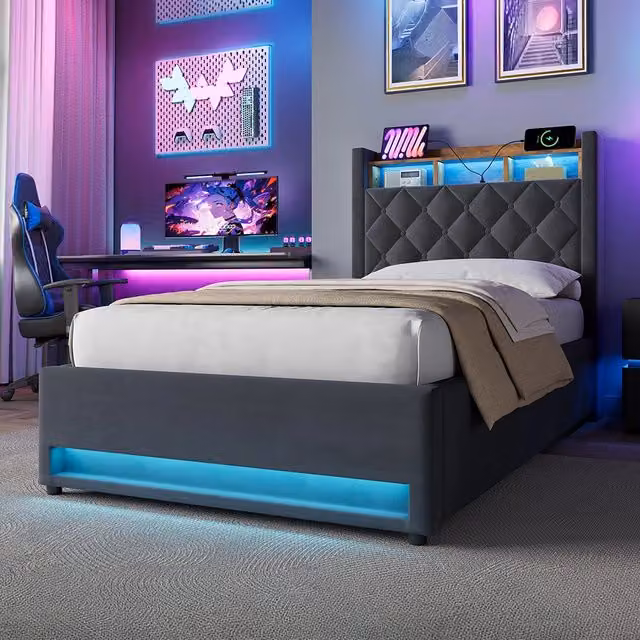 Letto contenitore singolo con USB, 2 prese e LED, 90×200 cm, senza materasso, velluto grigio,