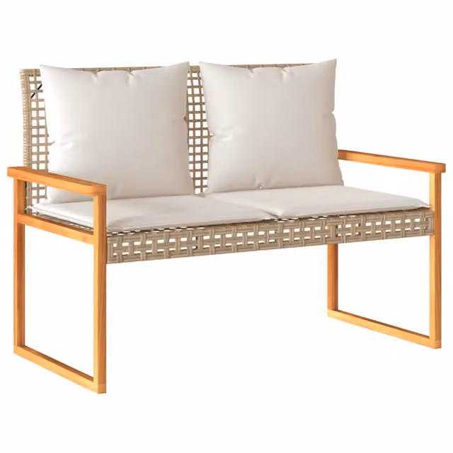 Panchina da giardino moderna con braccioli in legno di acacia e rattan con cuscini beige L: 119 cm, H: 79 cm, P: 61 cm