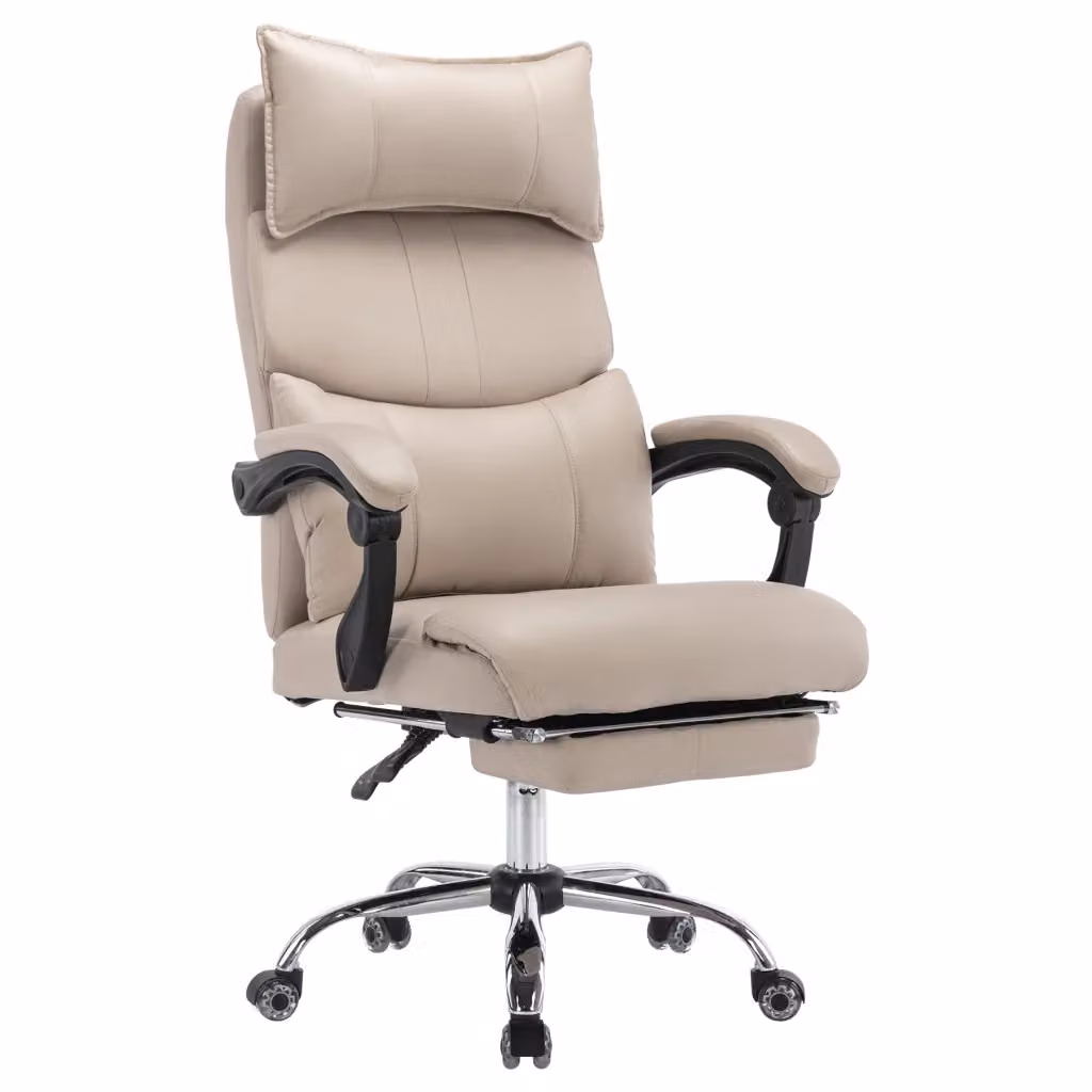 Sedia da ufficio ergonomica moderna in tessuto e similpelle beige con poggiatesta, braccioli e rotelle, girevole a 360 gradi per casa e ufficio – 2