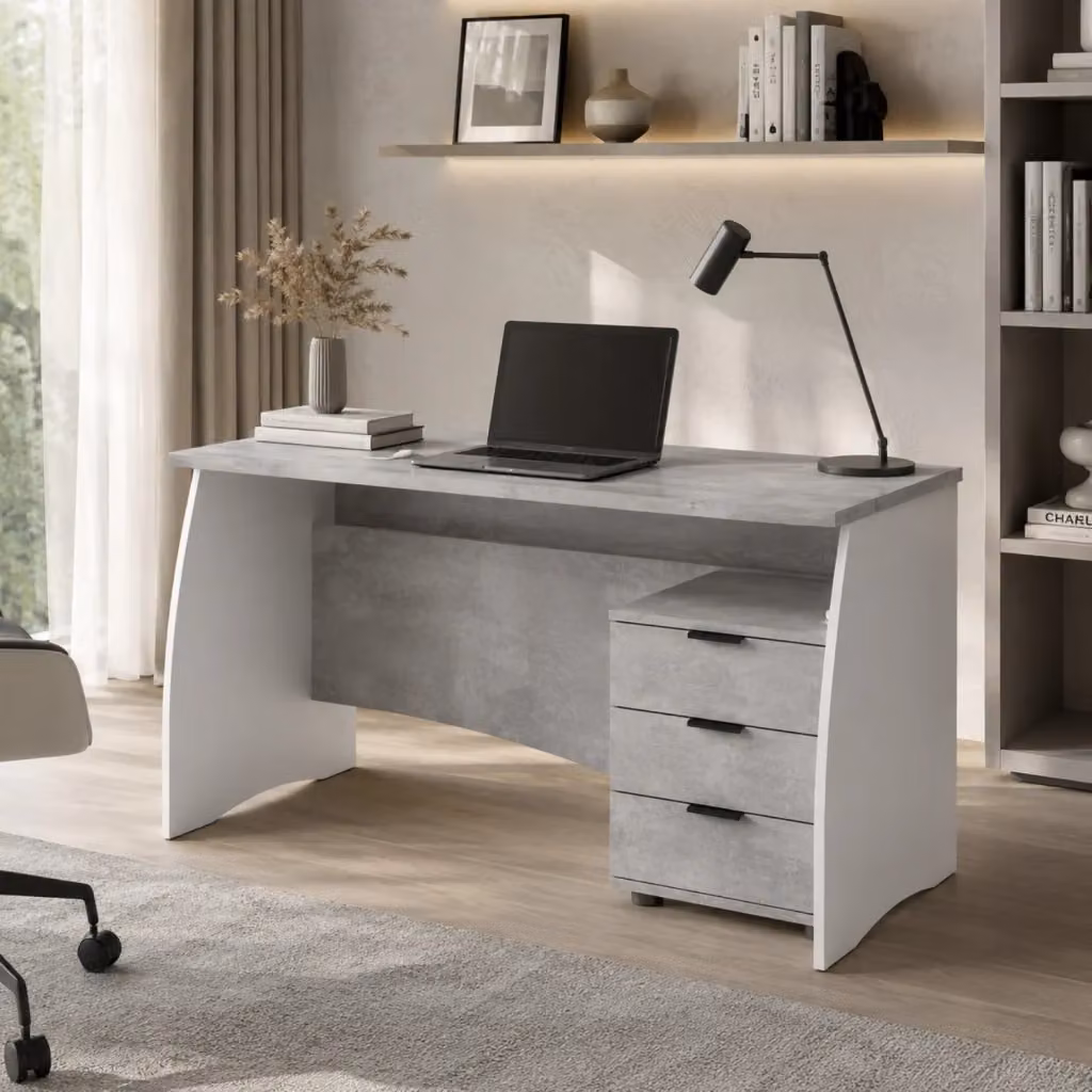 Scrivania moderna Arreditaly con mobile contenitore a 3 cassetti, Bianco e Grigio, L: 136 cm, P: 74 cm, H: 67 cm – 2