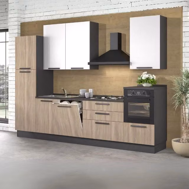 Cucina lineare moderna Sinki 330 con elettrodomestici integrati in rovere e bianco L: 330 cm, P: 60 cm, H: 240 cm