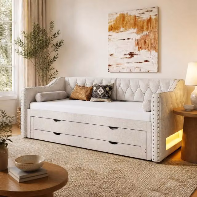 Letto da giorno imbottito 90x200 cm con letto estraibile; 3 cassetti e LED; beige