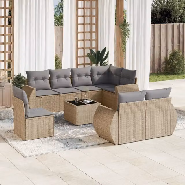 Set Divano da Giardino 9 pz con Cuscini Beige in Polyrattan 3221648