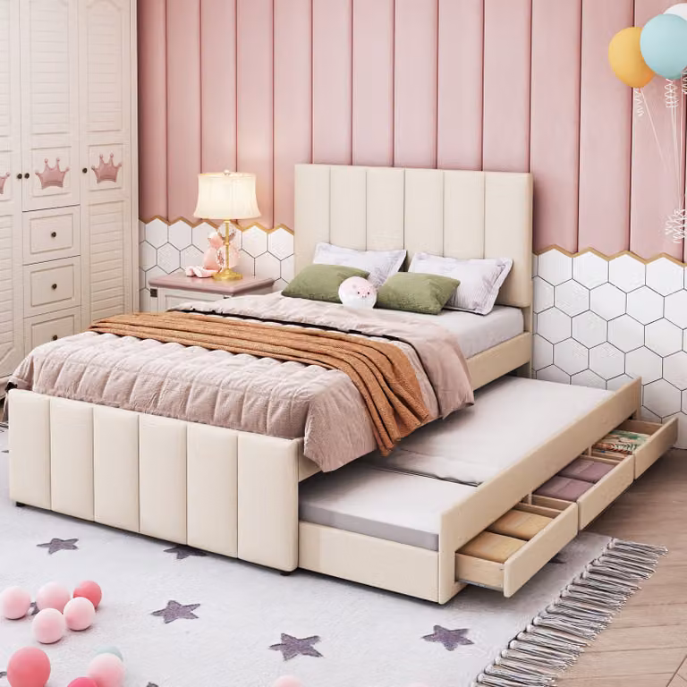 Letto imbottito Merax 90x200cm con letto estraibile e 3 cassetti, biancheria letto matrimoniale letto per bambini letto per ragazzi con rete a doghe e testata regolabile in altezza