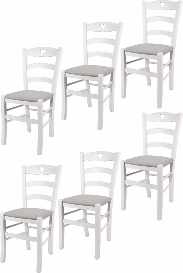 t m c s Tommychairs - Set di 6 sedie CUORE per cucina e sala da pranzo, struttura robusta in legno di faggio, laccato bianco opaco e sedile imbottito rivestito in tessuto nel colore grigio perla