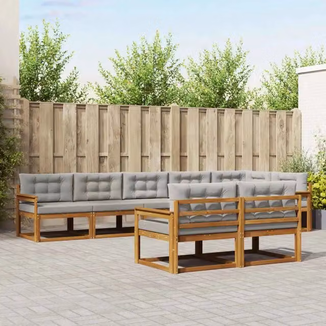 Set di divani da esterno a L vidaXL in legno di acacia con cuscini beige e grigi – 1