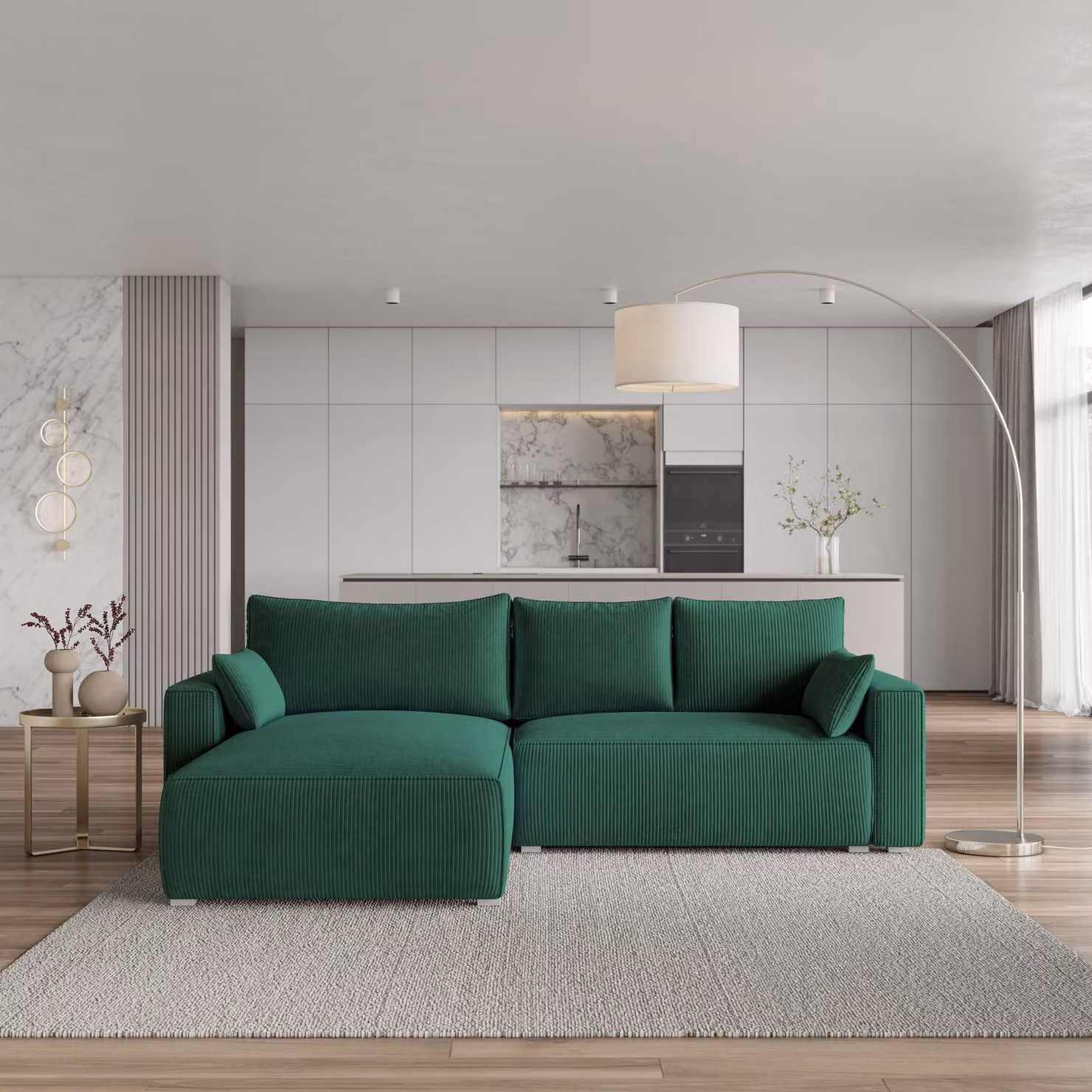 Divano angolare Masseno FORIL P con funzione letto a L, divano con box letto, divano da salotto, divano, divano, divano letto, set di divani - verde, POSO 14