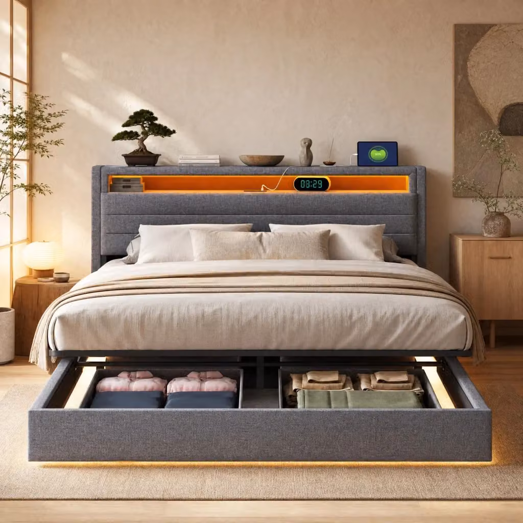 Letto Contenitore Idraulico REDOM in Tessuto Grigio con USB, LED e Ripiano Laterale, L/P/H: 160 x 200 x 40 cm – 2