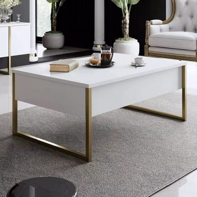 Tavolino da salotto Lavinia DMORA, tavolo basso moderno rettangolare bianco e oro, L: 90 cm, P: 60 cm, H: 40 cm