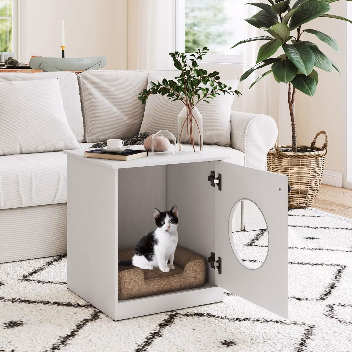 Contenitore per lettiera per gatti Costway con toilette nascosta, casa per animali da interno, Bianco