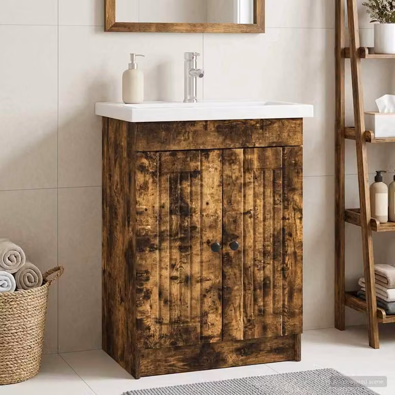 Mobiletto da bagno sotto il lavello vidaXL moderno in Rovere Fumo con ante a battente e ripiani interni, L/P/H: 81,0 x 37,5 x 78,5 cm