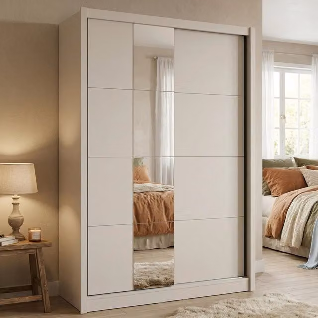 Armadio con ante scorrevoli DMORA per camera da letto, modello Carisolo, Bianco e Beige, L: 155 cm, H: 215.5 cm – 1