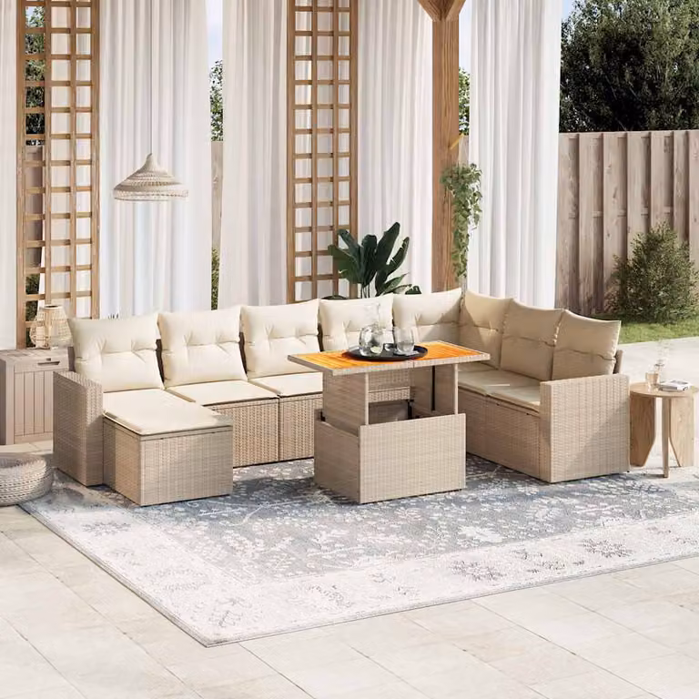 Set Divano da Giardino vidaXL 9 pz a Forma a L in Polyrattan Beige con Cuscini e Tavolino da Caffè