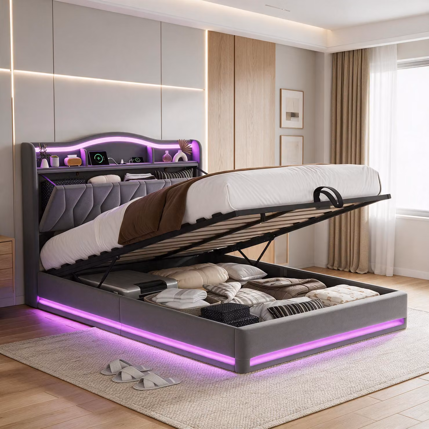 Letto imbottito INONEFT, 160x200 cm, con illuminazione LED e funzione di ricarica USB, letto per giovani con cassettone a sollevamento idraulico e spazio contenitivo nella testiera, colore grigio