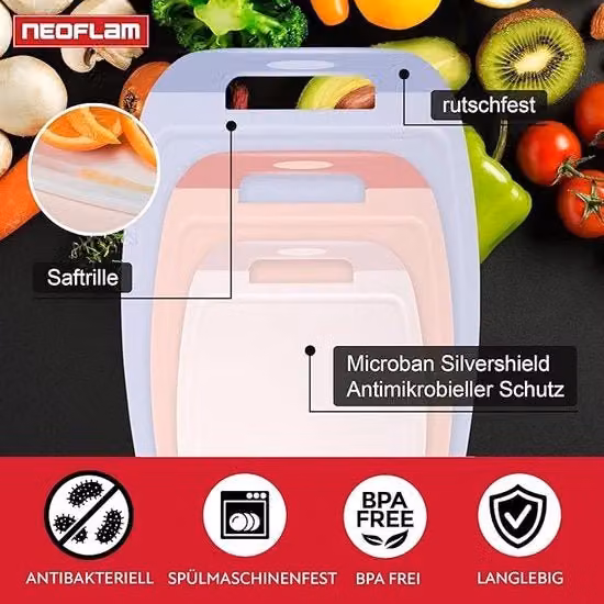 Tavolo da cucina per taglio Neoflam multicolore in plastica con scanalatura e piedini antiscivolo forma rettangolare