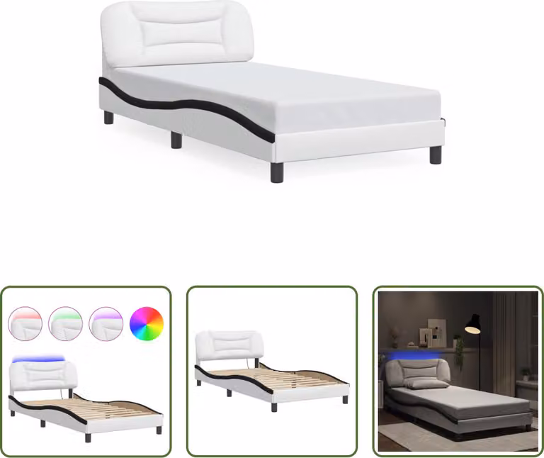 The Living Store Struttura letto con LED bianco e nero 100x200 cm in ecopelle
