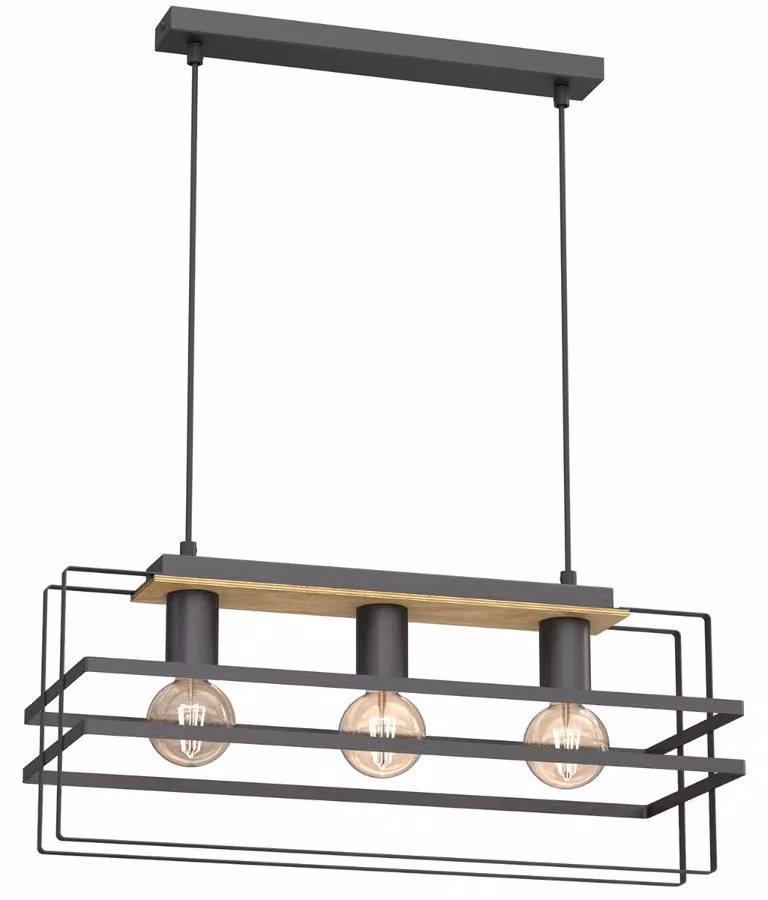 Lampada a sospensione Kortez nero opaco-legno chiaro 3xE27x15W metallo dim.: 110x57x23 cm IP20 Luminex