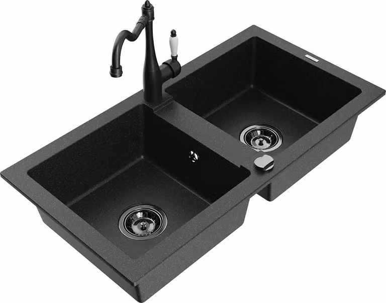 Mexen Mario lavello in granito a 2 vasche con rubinetto da cucina Carla, nero/argento metallizzato - 6504-73-670700-70-B