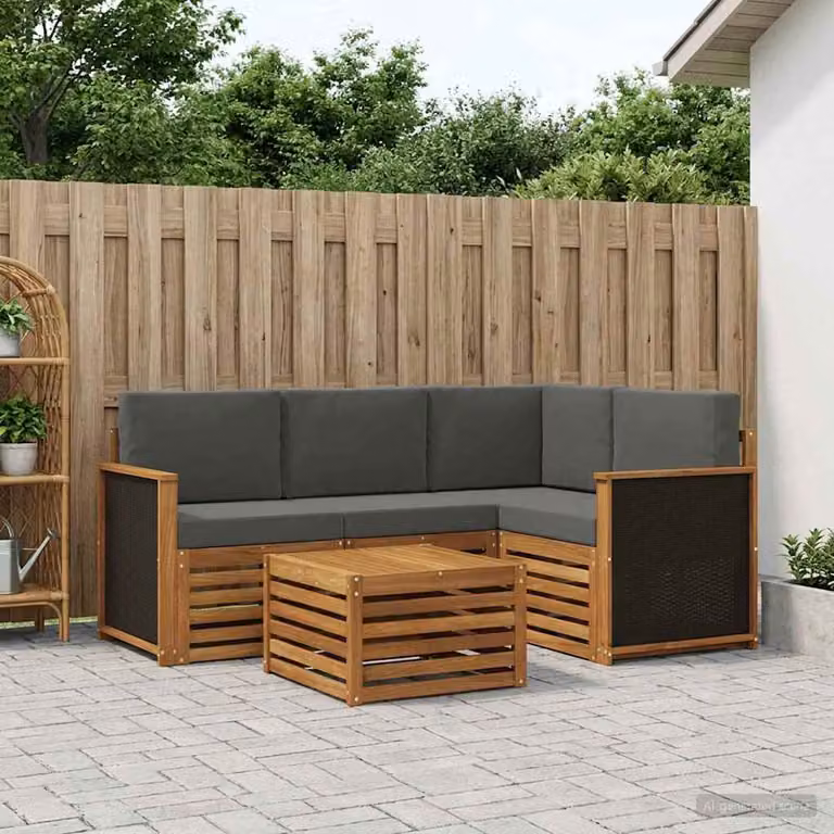 Set di divani da esterno vidaXL a forma di L composto da 5 pezzi in legno di acacia con cuscini inclusi, colori beige e antracite