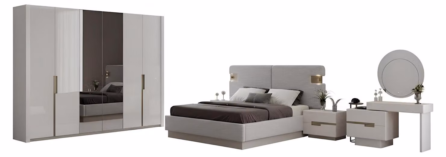 Set per camera da letto: comodini, letto, armadio, cassettiera, specchio, colore beige