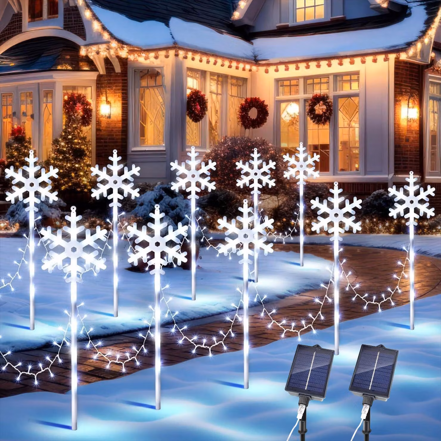 Catena luminosa a energia solare a forma di fiocchi di neve, confezione da 10 pezzi, 8 modalità, LED, per uso esterno