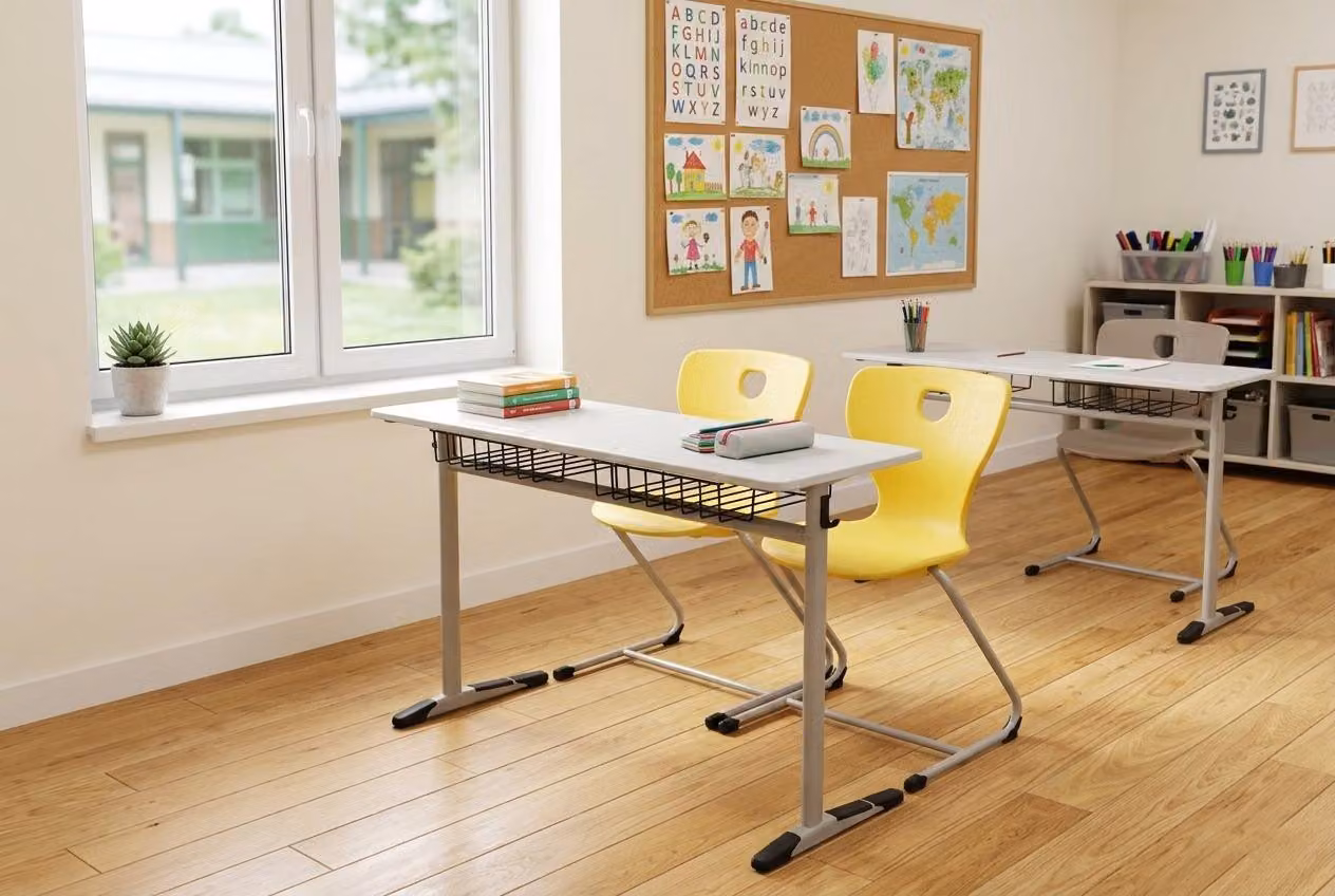 Set scolastico moderno ed ergonomico: banco da scuola grigio, sedia gialla a due posti