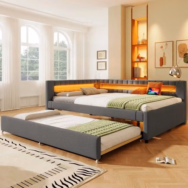 Letto Giorno con Letto Estraibile e LED ¨C MINIMAL ¨C Tessuto Grigio 140x200