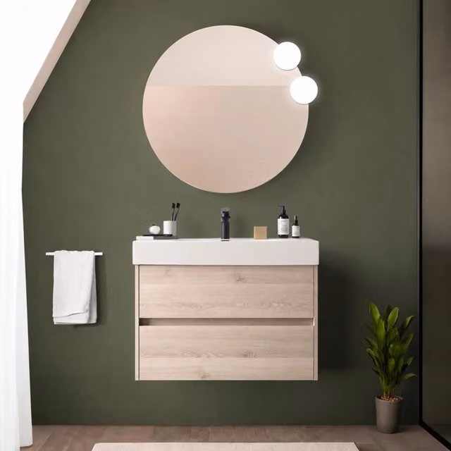Mobile bagno sospeso 80 cm rovere bali con due cassetti e lavabo in resina Gaya