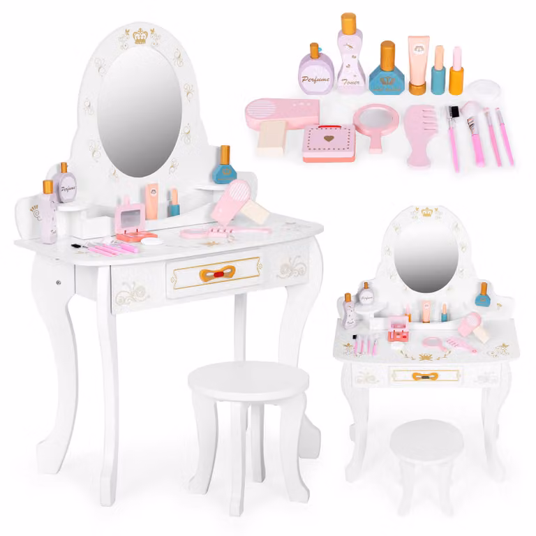 Grande toeletta da bambino in legno con specchio per bambine, con accessori rosa ECOTOYS