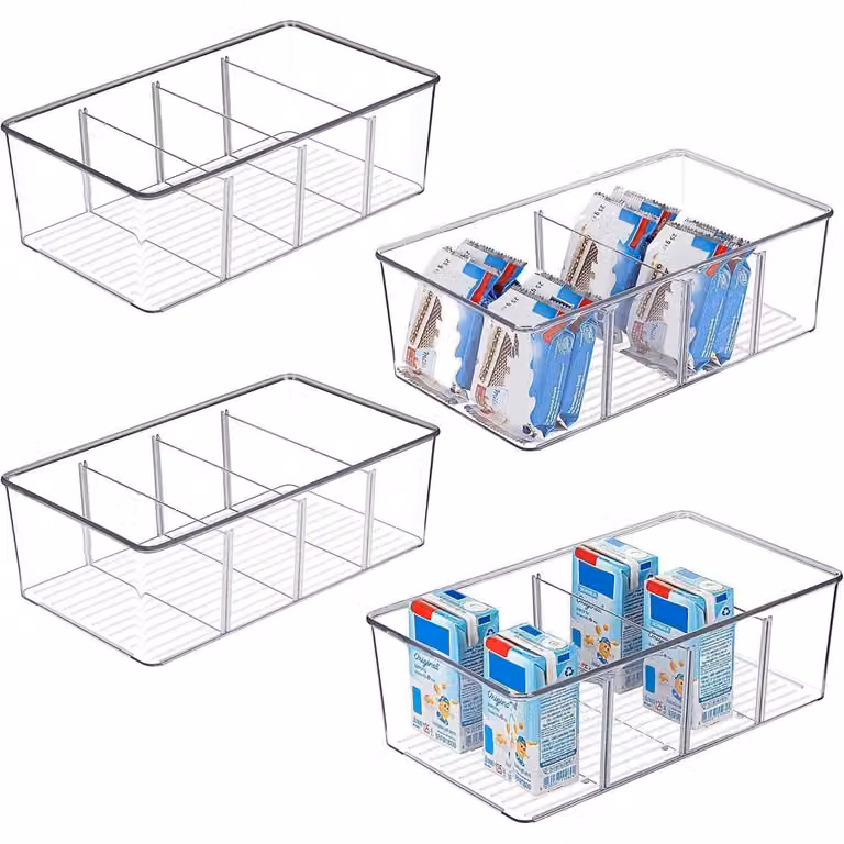 Set di 4 organizer per frigorifero, con 4 scomparti, privi di BPA, impilabili, dimensioni: 10,4 pollici (lunghezza) x 6,1 pollici (larghezza) x 3,5 pollici (altezza)