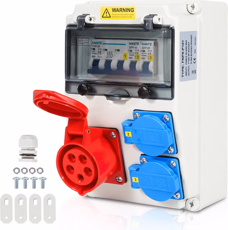 Distributore di corrente a parete Jopassy con interruttore automatico, distributore di corrente da cantiere a 5 poli con 2x prese Schuko e prese CEE 16A per uso interno ed esterno
