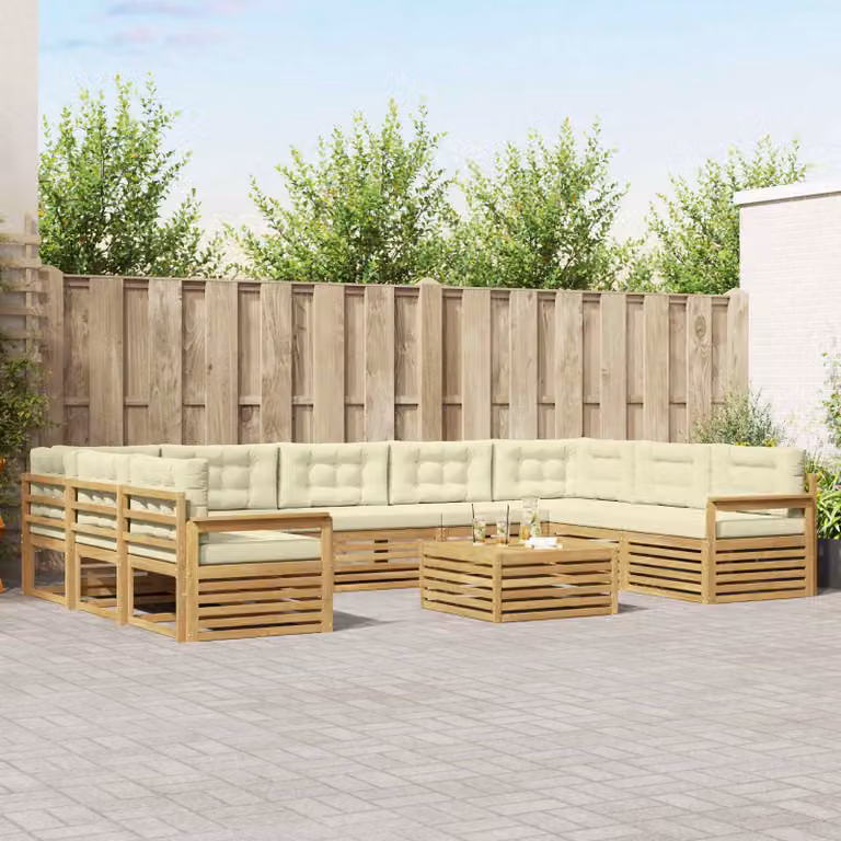 Set di divani da esterno vidaXL a forma di U in legno di acacia con tavolo da caffè e cuscini, Bianco e Beige