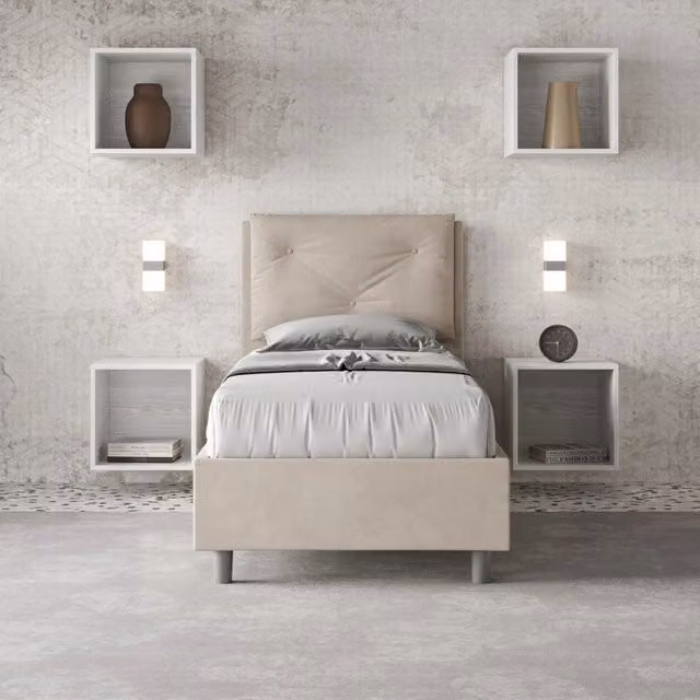 Letto singolo imbottito Appia ITYHOME con contenitore in microfibra, colore beige, L/P/H: 90 x 210 x 110 cm – 1