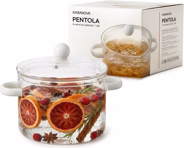 Pentola KASANOVA in vetro borosilicato trasparente con coperchio e manici bianchi, capacità 1,5 l