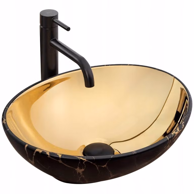 Lavabo in Vetroceramica, lavabo da appoggio, ovale, piano lavabo, vasca lavabo, oro