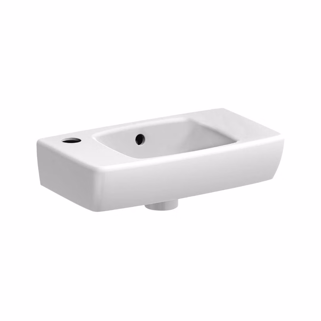 VBChome - Lavabo da appoggio compatto, 45 x 25 cm, in Vetroceramica bianca lucida, rettangolare, con troppofilo e foro per il rubinetto a sinistra, ideale come lavabo per il bagno