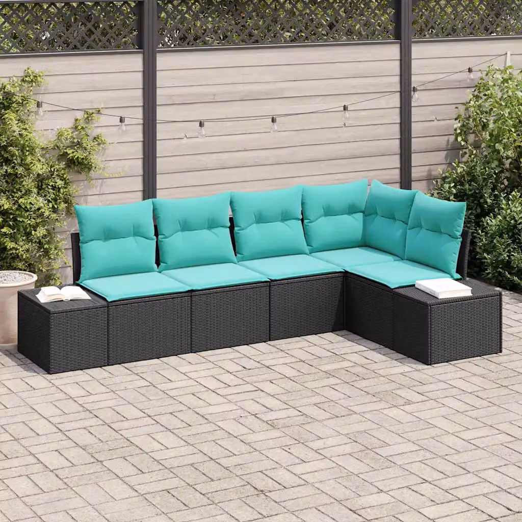 Set Divano da Giardino a L vidaXL in Polyrattan con Cuscini Nero e Turchese