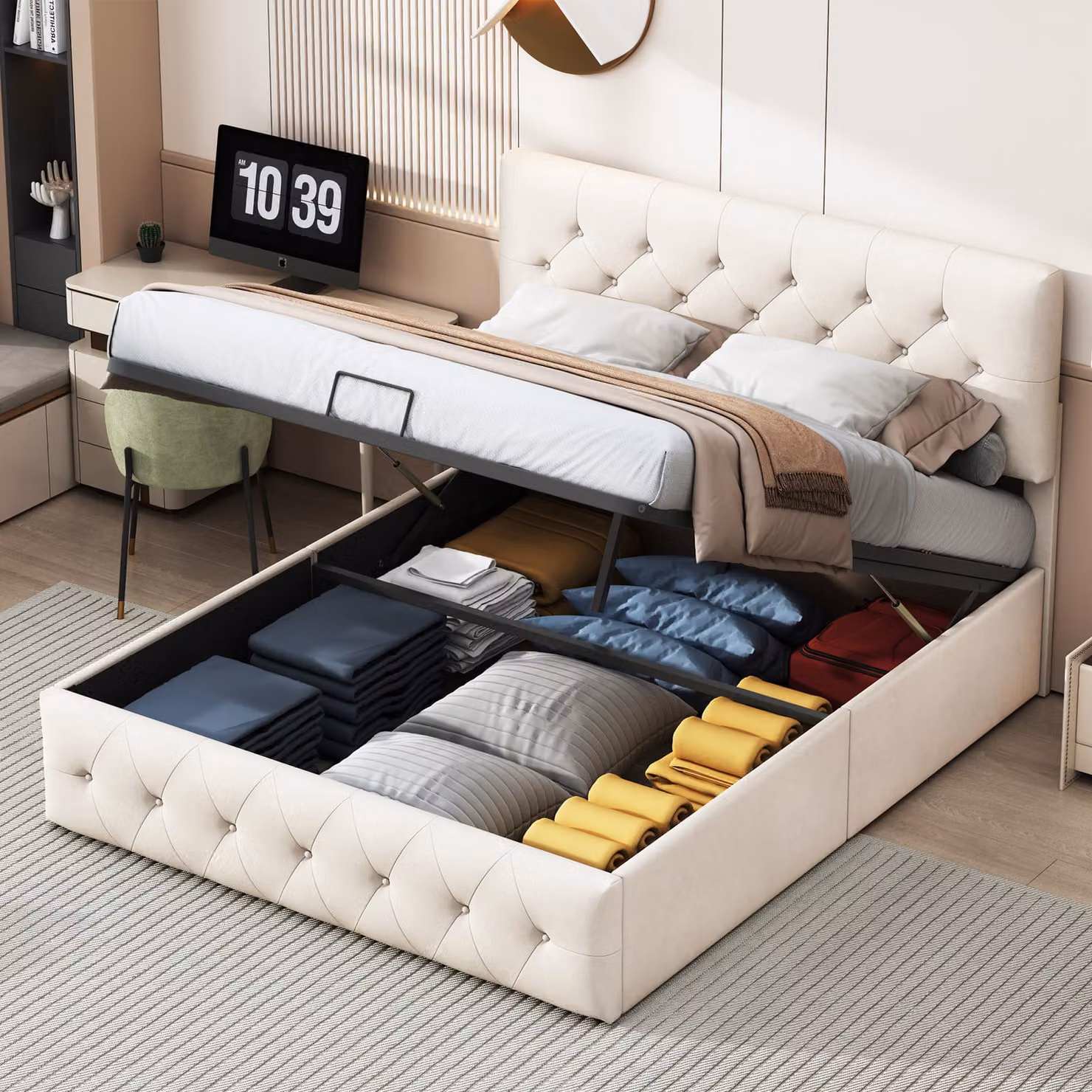 CDGlobal letto imbottito 160x200cm con rete a doghe, letto a molle idrauliche con rete e contenitore, letto matrimoniale in velluto con contenitore letto funzionale, beige