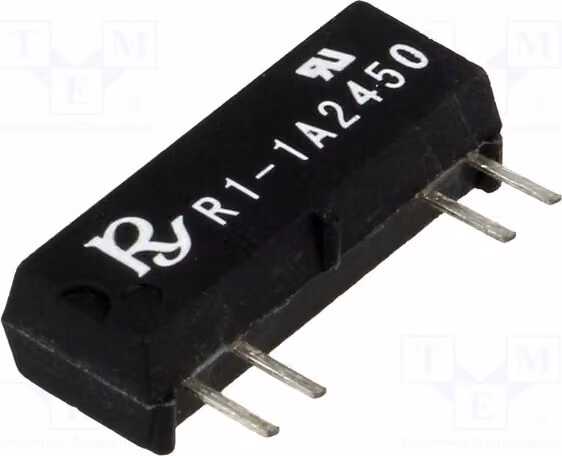 1 relè: Contatto Reed, 10 VA, 1 A max, 250 VDC. Bobina: 24 VDC, 268 mW. R1-1A2450, elettromagnete