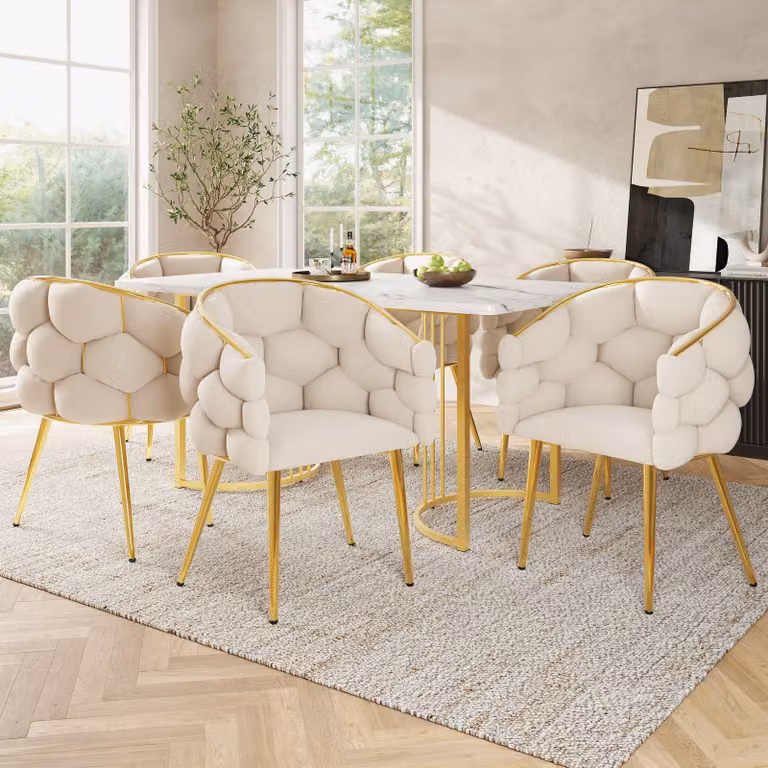 Set di 6 sedie da pranzo Flieks, sedie da pranzo in velluto, sedia imbottita sedia make-up con gambe in ferro dorato, sedia da pranzo beige