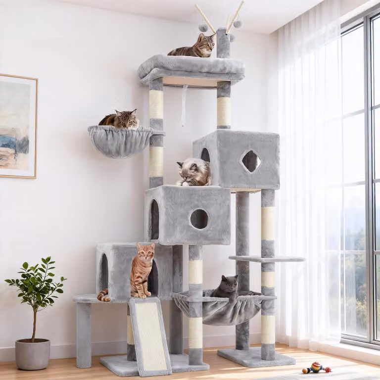 Albero per gatti a forma di scala, con 3 casette, una grande amaca, un tiragraffi in sisal, adatto per gatti di grossa taglia