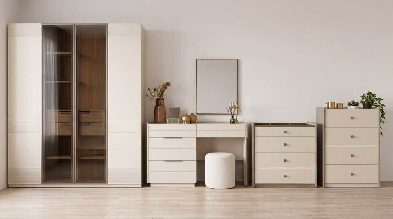 Set per camera da letto beige, moderno, composto da armadio, comodini e specchio