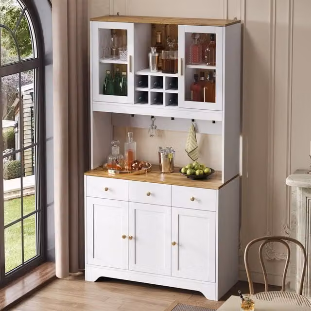 Credenza e madia con 5 ante, 3 cassetti e vani aperti, bianco effetto legno, per soggiorno, 94.5 × 30 × 175.5 cm