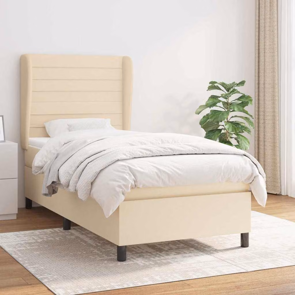 vidaXL Giroletto a Molle con Materasso Ibrido in Tessuto Beige e Bianco L/P/H: 90 x 200 x 128 cm