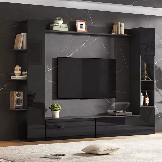 Parete attrezzata TV 245 x 30 x 170 cm in MDF bianco lucido con vani a giorno