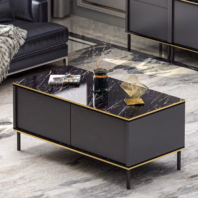 Tavolino da salotto moderno Zerbolo con meccanismo sollevabile, L/P/H: 90 x 45 x 40 cm, Nero Antracite e Oro – 1