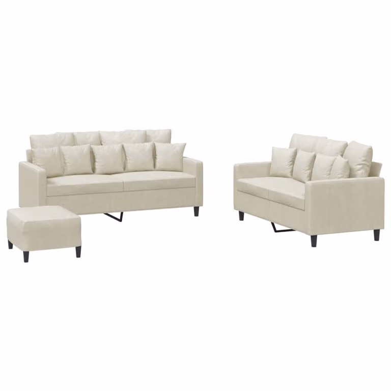 Set di Divani 3 pz con Cuscini Crema in Velluto