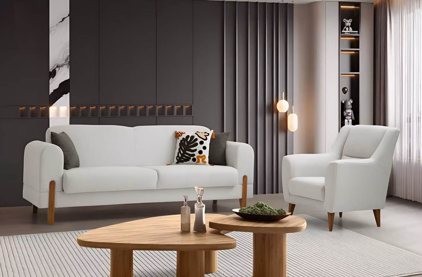 Weiße Wohnzimmer Couchgarnitur Polster 3-Sitzer Textilsessel 2tlg