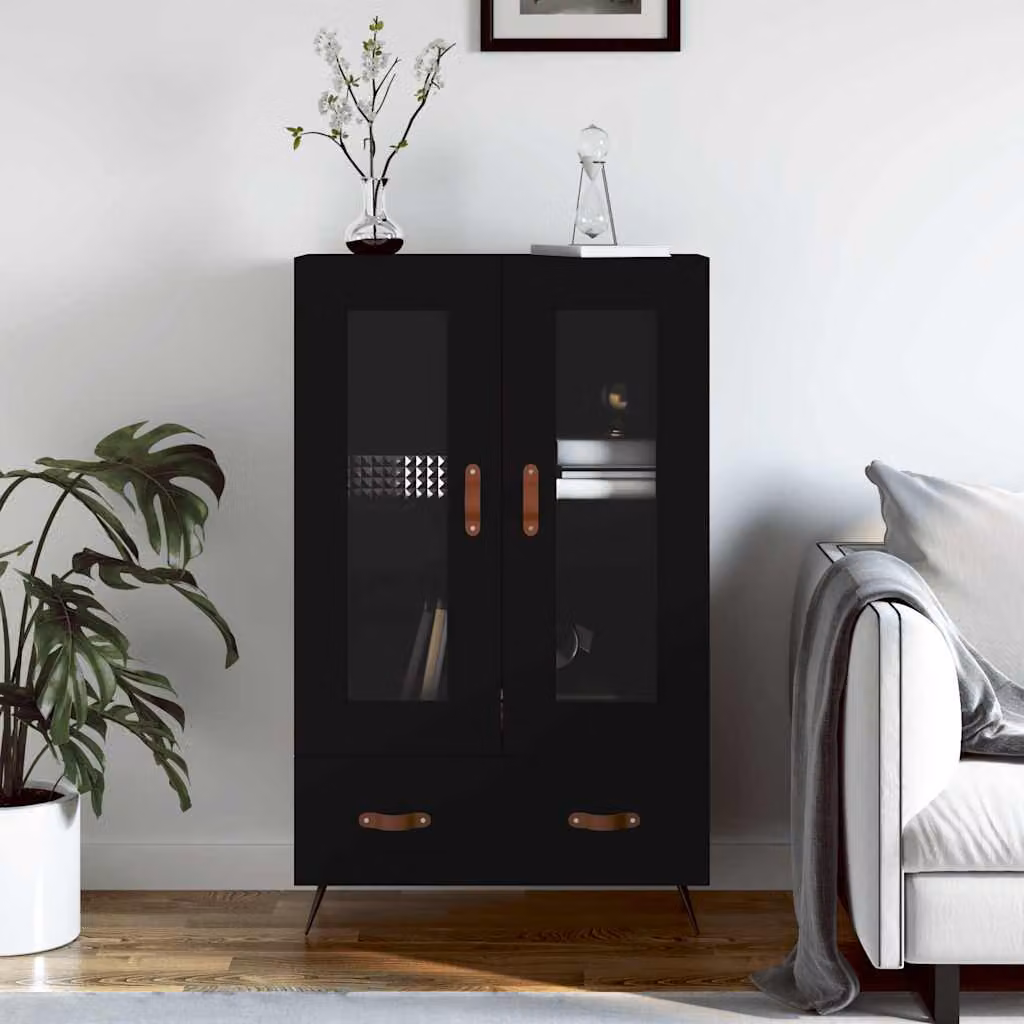 Credenza moderna vidaXL in legno multistrato e metallo, colore nero, L: 69,5 cm, P: 31 cm, H: 115 cm